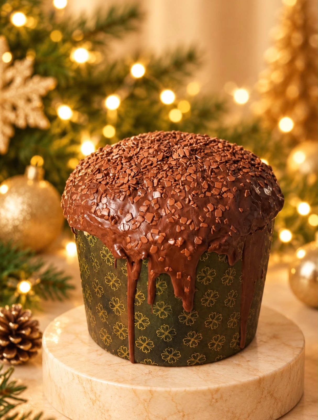 Chocotone com cobertura de chocolate escorrendo e raspas de chocolate
