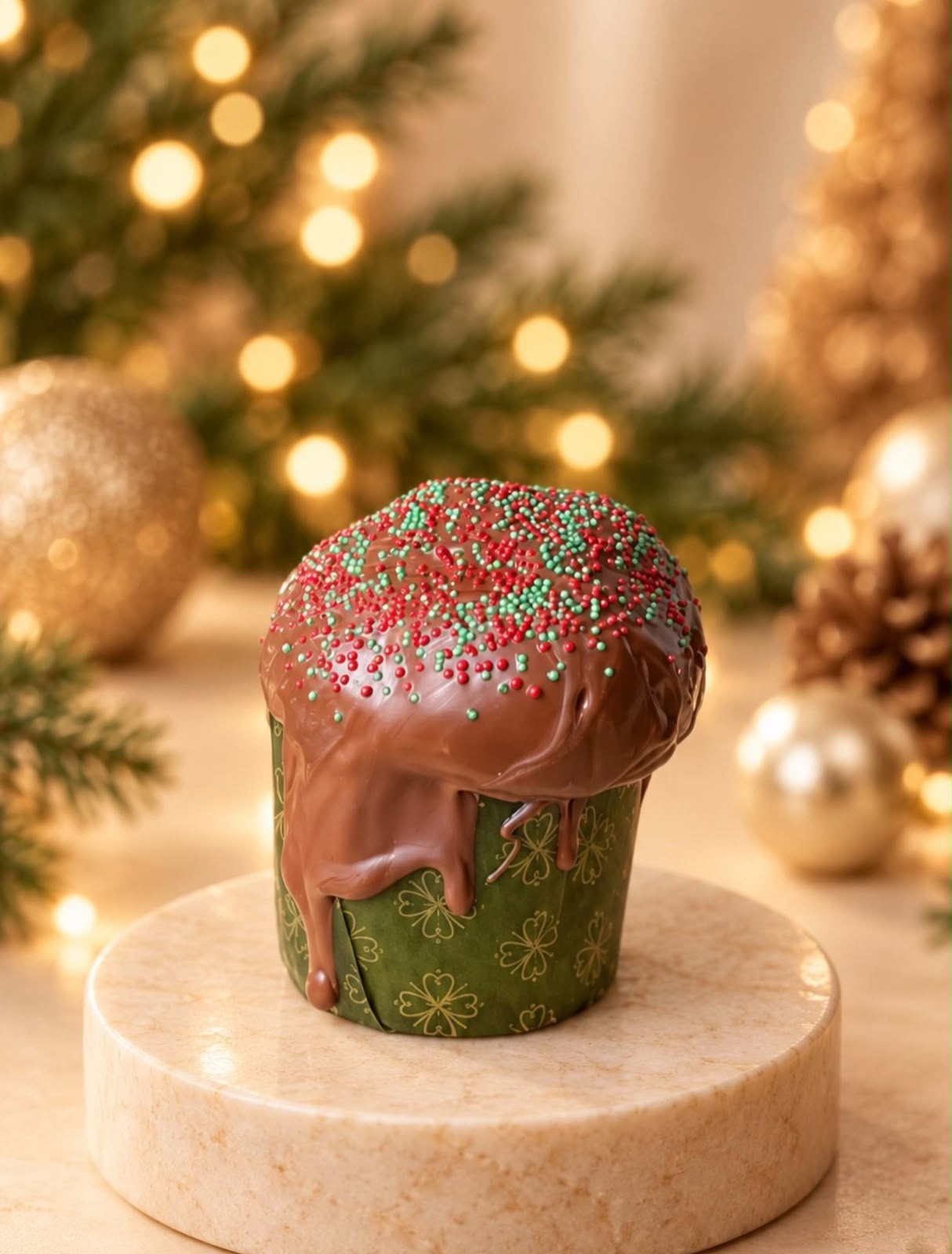 Mini chocotone com cobertura de chocolate e confeitos vermelhos e verdes