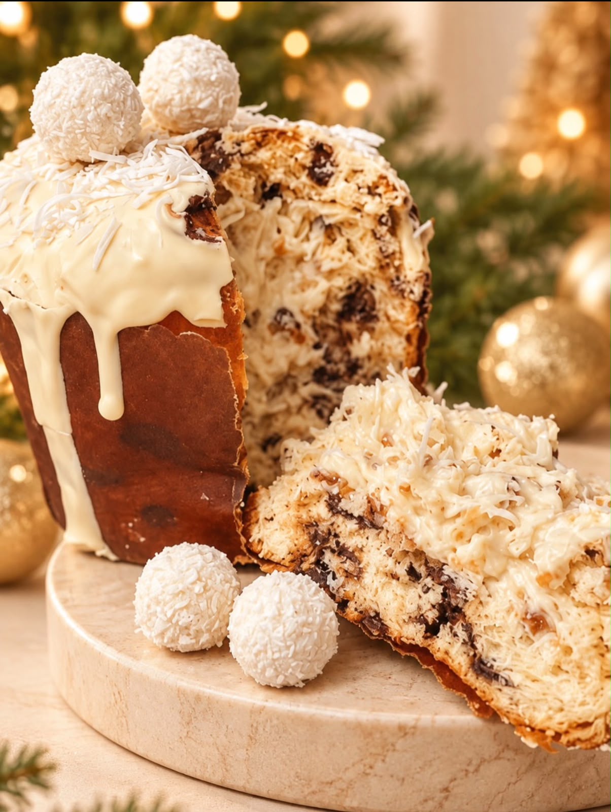 Panetone de coco com gotas de chocolate, cortado e com cobertura cremosa